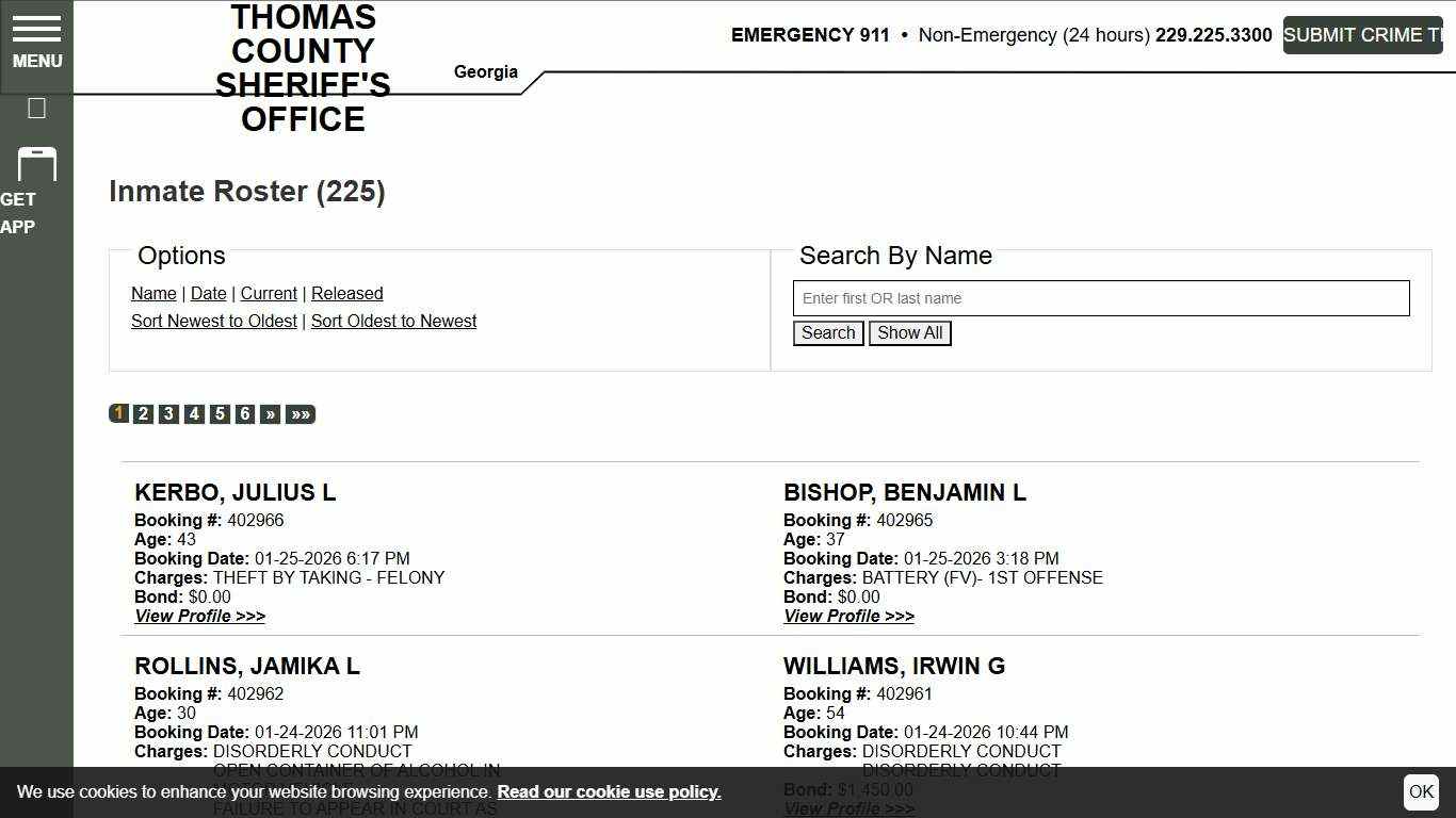 Inmate Roster Thomas County Sheriff's Office Sort Booking Time - Descending Page 1